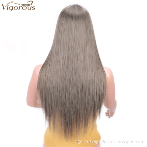 Vigorous Long Silky Straight Synthetic Wigs Middle Part Gray Color Wig For Black White Women Heat Resistant Fiber Cosplay Wigs
